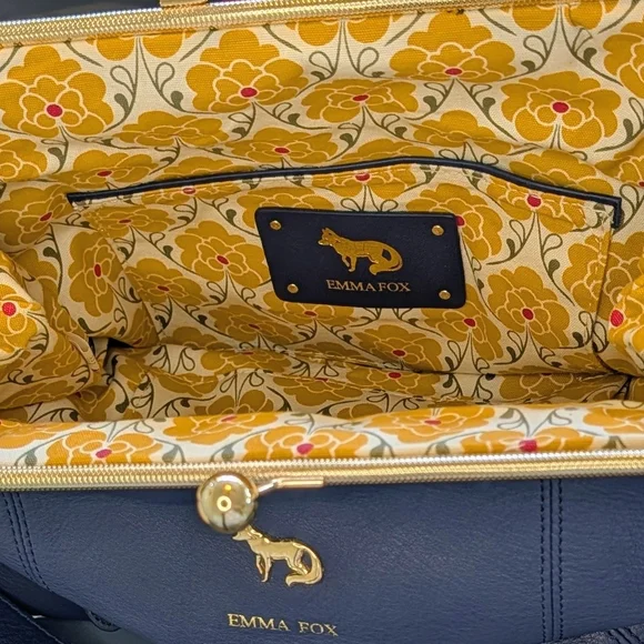 EMMA FOX Navy Genuine Leather Frame-Top Shoulder Bag Vintage-inspired Kiss-Lock - Picture 9 of 15